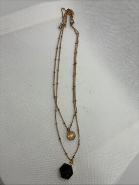 Gold-Tone Double Layer Necklace with Black Hexagon Pendant
